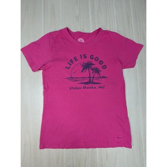 Life is Good T-Shirt Women's Small Pink Blue Palm Trees Outer Banks NC vintage - Picture 1 of 10